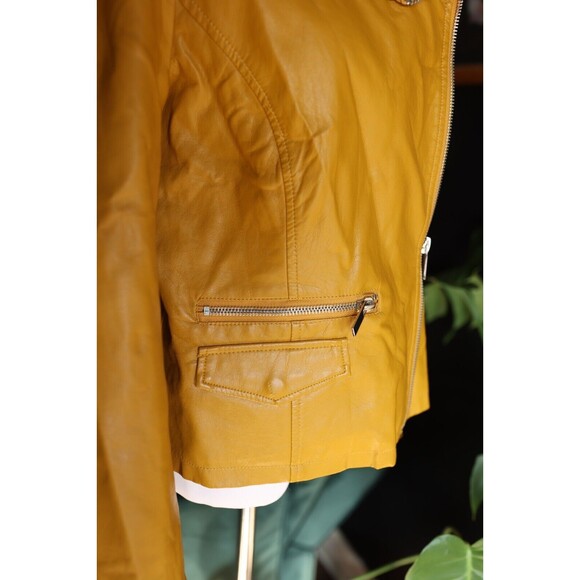 New York & Company Faux-Leather Mustard Yellow Gold Moto Biker Jacket Large - Picture 11 of 13